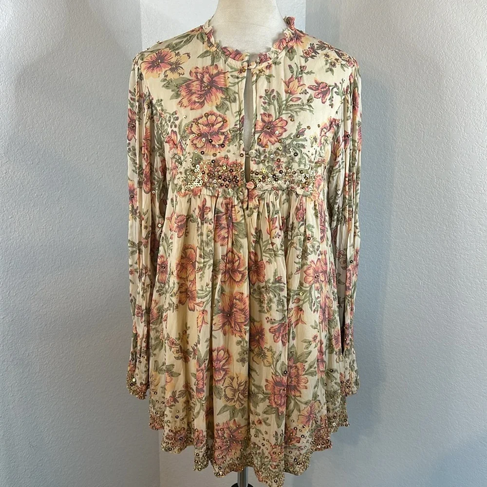 Free People  Hand Beaded Bali Golden Sun Printed Mini Dress SIZE SMALL NWT - Picture 11 of 16